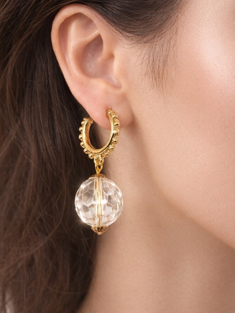 Gold Dainty Hoop Earrings w/ Clear Crystal Drop – Bold Statement Fashion Jewelry
